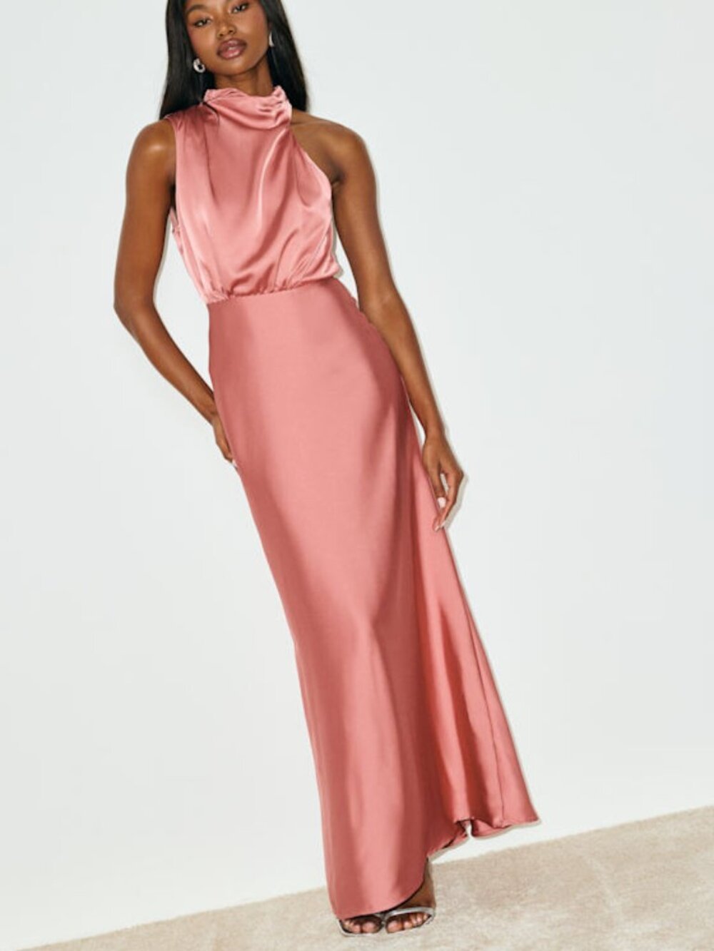 Lulus Distinctive Charm Rose Pink Satin Asymmetrical Maxi Dress - Size L